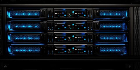 Obraz premium A digital rendering of a cloud hosting infrastructure with multiple connected servers, forming a virtual network. The color palette is sleek with shades of blue and black