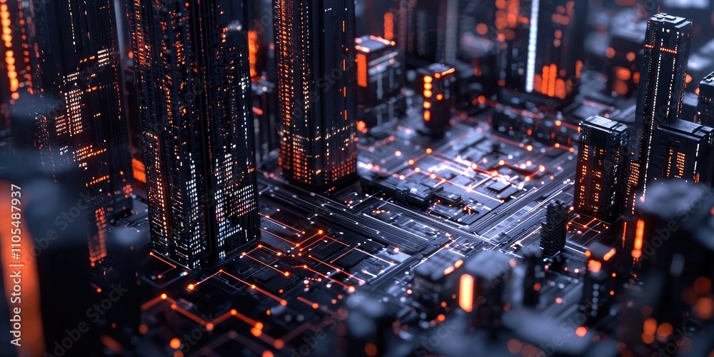 Poster A futuristic cityscape with digital connections and data flow symbols, showing the influence of digital transformation on urban infrastructure.