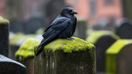 Black crow perched on a moss-covered gravestone in a cemetery during light rain, with blurred headstones in the background