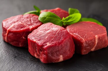 Close-up shot of various types of meat displayed on butcher's shop counter, highlighting quality and freshness