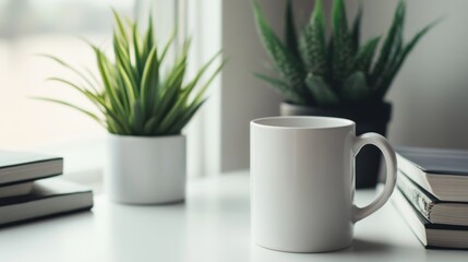 White mug, books, and plants on windowsill.