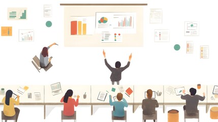 Vector flat illustration of business people meeting, top view with white background and color blocks showing graphs and charts