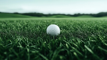 Fototapeta premium Close-up of a golf ball resting on lush green grass in a golf course, with a blurred background of rolling hills under a clear sky.
