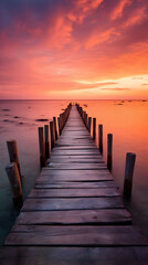 Fototapeta premium Wooden pier stretching towards a breathtaking sunset over calm waters. Warm, vibrant colors paint the sky, creating a serene and peaceful atmosphere.