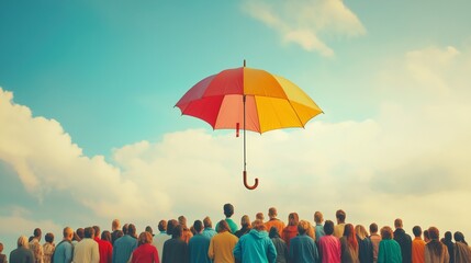 towering umbrella shielding a diverse men, symbolizing comprehensive insurance coverage and protection under one policy