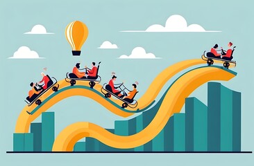Investment volatility metaphor of riding roller coaster, financial stock market fluctuation rising up and falling down concept, people investors riding roller coaster on fluctuated market chart.