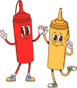 Naklejki Cartoon groovy fast food ketchup and mustard character. Fast food restaurant sauce cute cartoon personage, funny groovy isolated vector character. Takeaway cafe ketchup and mustard cheerful mascot