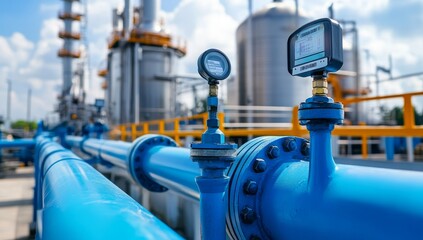 Close-up of stainless steel pipes and blue safety technology in industrial setting for air mixing systems