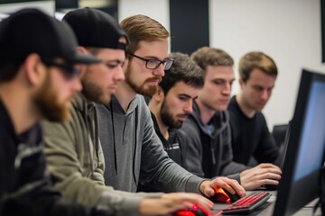 Young engineers focused on computers in classroom. Students learn ethical hacking concepts. Tech training session. Group learning. Modern tech skills. Education atmosphere. Focused, intent