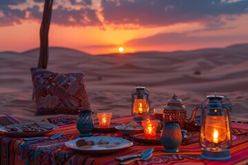 A beautiful dinner setting in the desert at sunset features lanterns, a traditional teapot, and various dishes arranged on a vibrant tablecloth. The warm glow enhances the serene atmosphere