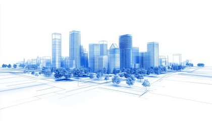 Fototapeta premium Architectural Model of a modern cityscape , pencil sketch and blueprint of skyscrapers. 