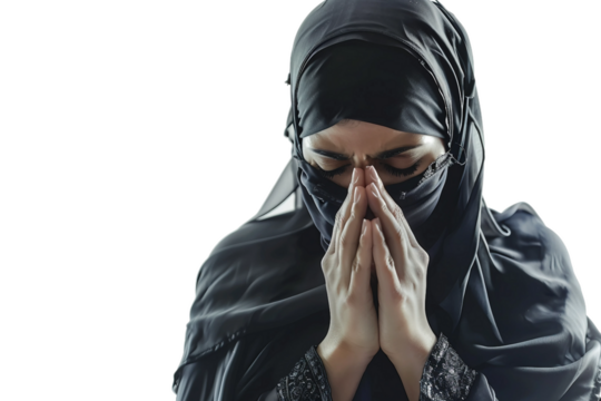 Peaceful Woman in Hijab Praying Isolated on Transparent Background