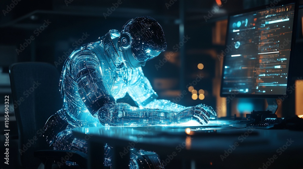 Aufkleber Futuristic programmer working late at night, illuminated by glowing digital code.
