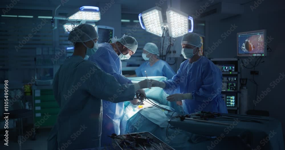 Aufkleber dark operating room with a diverse team performing a precise surgical procedure as teamwork and unde