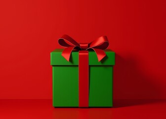 Fototapeta premium Eine grüne Geschenkbox mit roter Schleife steht auf einem roten Hintergrund mit Textfreiraum. Ideal für Weihnachtskarten und Grußkarten. Minimalistisch und festlich. Generative KI.