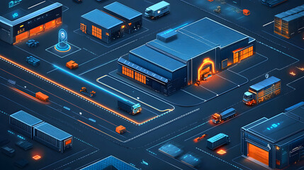 3D Illustration of Automated Warehouse with Smart Logistics and Cargo Trucks Operating Efficiently