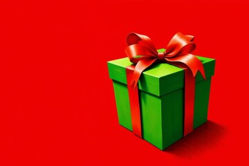 Obraz premium Eine grüne Geschenkbox mit roter Schleife steht auf einem roten Hintergrund mit Textfreiraum. Ideal für Weihnachtskarten und Grußkarten. Minimalistisch und festlich. Generative KI.