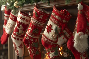A close-up photo of personalized and unconventional Christmas stockings
