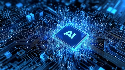 Futuristic ai chip surrounded by glowing circuitry in a digital network.