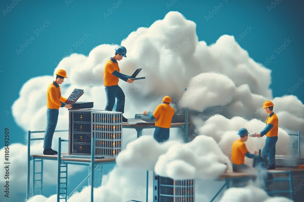Poster tiny engineers work on tech servers on floating scaffolding above clouds. cloud computing concept. d