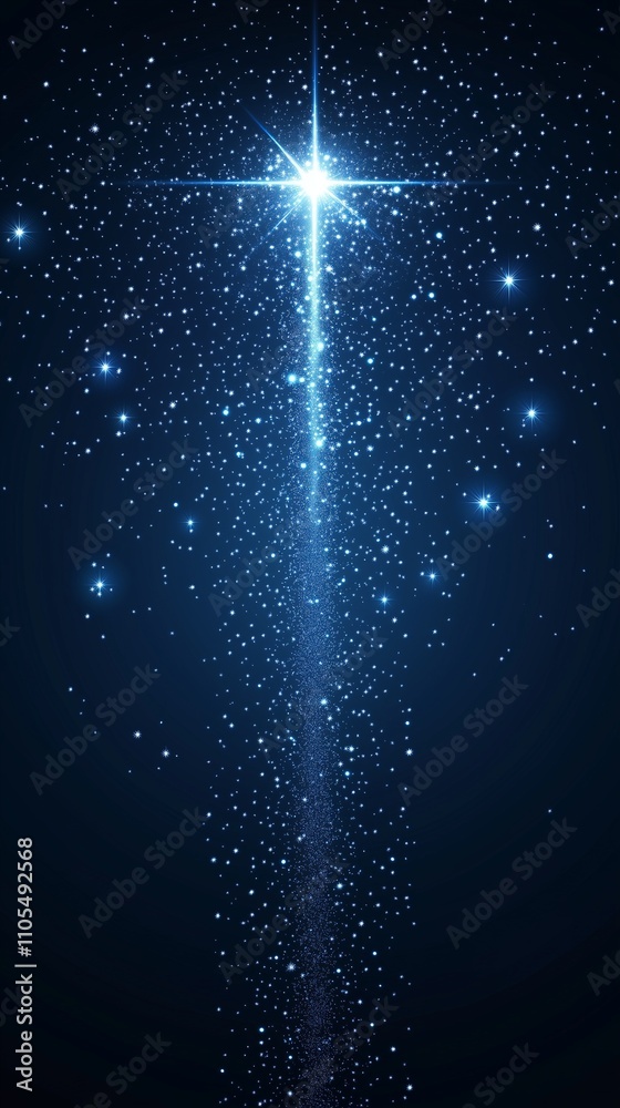 Wall mural radiant starburst with glowing blue particles forming a vertical stream in deep space