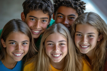 Fototapeta premium portrait of a smiling pupils, students in the school. boys and girls together at the university . teenagers studying, having time in school. AI Generated AI Generated