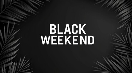 Black Weekend text in white surrounded by dark palm leaves on a sleek black background