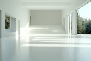 Fototapeta premium A minimalist white room filled with natural light and featuring a set of steps, presenting a peaceful and open space for contemplation and creativity.