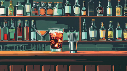 watercolor illustration, vintage postcard, International Bartender's Day, whiskey and coke cocktail on the bar, retro style, copy space, free space for text