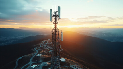 Telecommunications tower standing on a hill during sunset with mountains in the background and scattered roads and buildings in the vicinity.