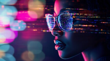 Futuristic portrait of african female with digital glasses in neon lights.