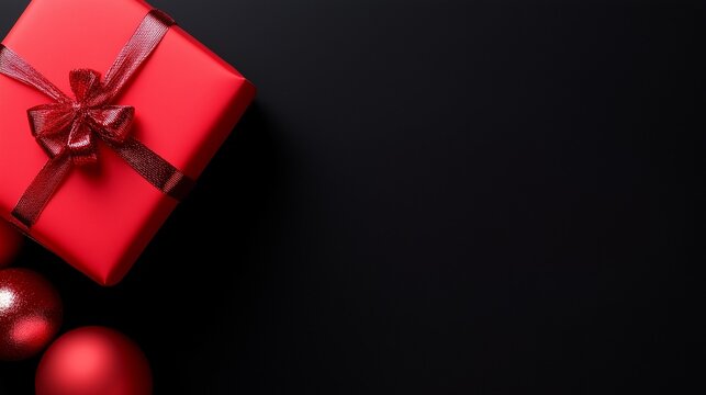 Minimalist red gift box with ribbon and ornaments on a dark black background