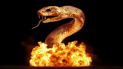 Fototapeta premium A golden cobra emerging dramatically from flames against a black background