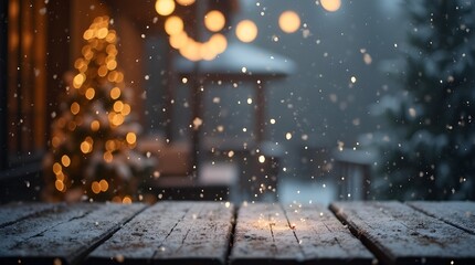Serene winter scene featuring a wooden table sprinkled with snowflakes. In the background, a cozy cabin softly illuminated by warm, glowing bokeh lights creates a festive, inviting atmosphere.