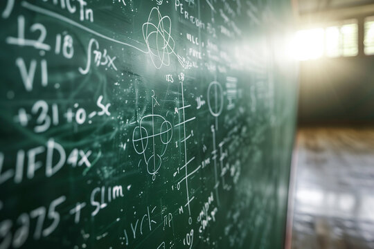  formulas on blackboard. chalkboard with math formulas on it in the school. close up. science background. AI Generated