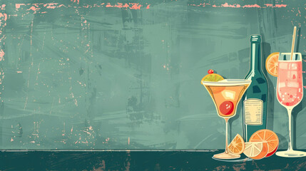 watercolor illustration, vintage postcard, International Bartender's Day, elegant mojito and margarita cocktails on the bar, retro style, blue background, copy space, free space for text