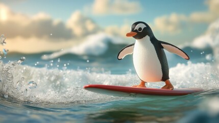 Obraz premium Penguin Riding a Surfboard in the Ocean