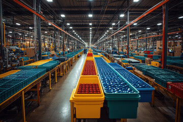 Toy factory, A spacious warehouse filled with colorful storage bins organized on tables, showcasing an industrial workspace ready for assembly or sorting tasks.