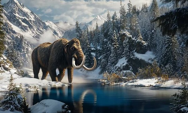 A mammoth stands by a serene river in a snowy mountainous landscape.