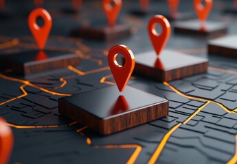 3D smartphone with map, red pins, and floating location sign on dark background