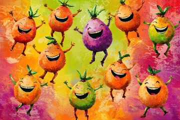 Happy Fruit Characters Celebrate Joyfully Together