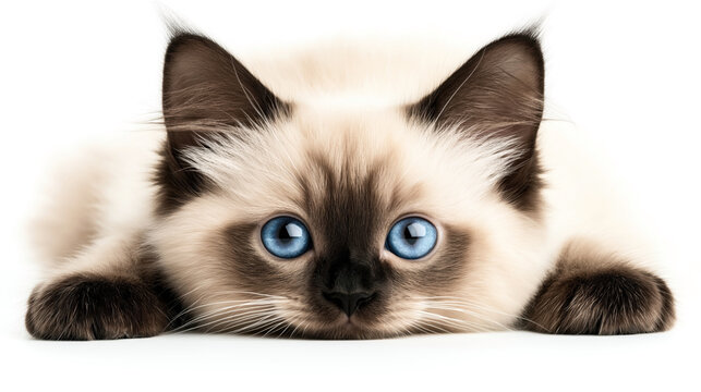 Close-up of a fluffy Ragdoll kitten with striking blue eyes lying on a white background, showcasing its playful and curious nature.
