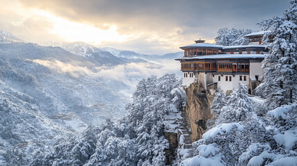 A snowy cliffside monastery overlooking a frosty landscape, with a dramatic view of snow-capped peaks and evergreen trees.