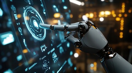 Fototapeta premium Robotic Hand Interacting with Futuristic Interface