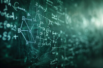 Obraz premium formulas on blackboard. chalkboard with math formulas on it in the school. close up. science background. AI Generated