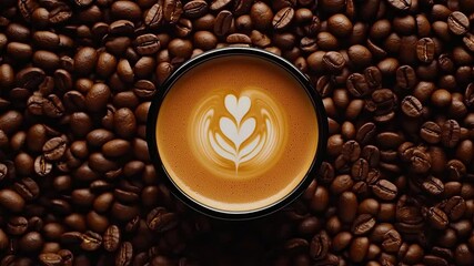 Coffee cup with latte art over coffee beans. Match-cut stop-motion timelapse. Top view. Generative AI