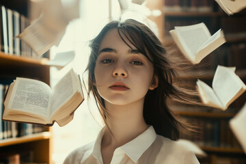 portrait of a young woman with flowing hair surrounded by flying books in a library, Dewey Decimal System Day theme