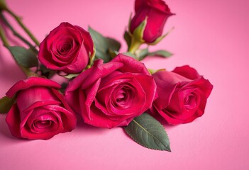 Fototapeta premium Romantic Red Roses Bouquet Valentines Day Flowers Pink Background
