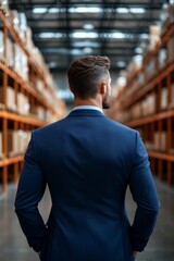 A man in a blue suit stands in a warehouse aisle with organized shelves, surveying inventory, reflecting business, order, and meticulous attention to detail.