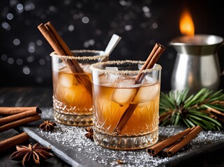 Szklanka whisky z kostkami lodu, laskami cynamonu i anyżem gwiaździstym na ciemnym tle. Suszone cytrusy i kokos w nastrojowej kompozycji martwej natury. 